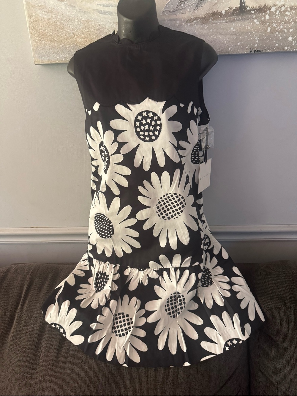 Victoria Beckham Black & White Daisy Print Midi Dress